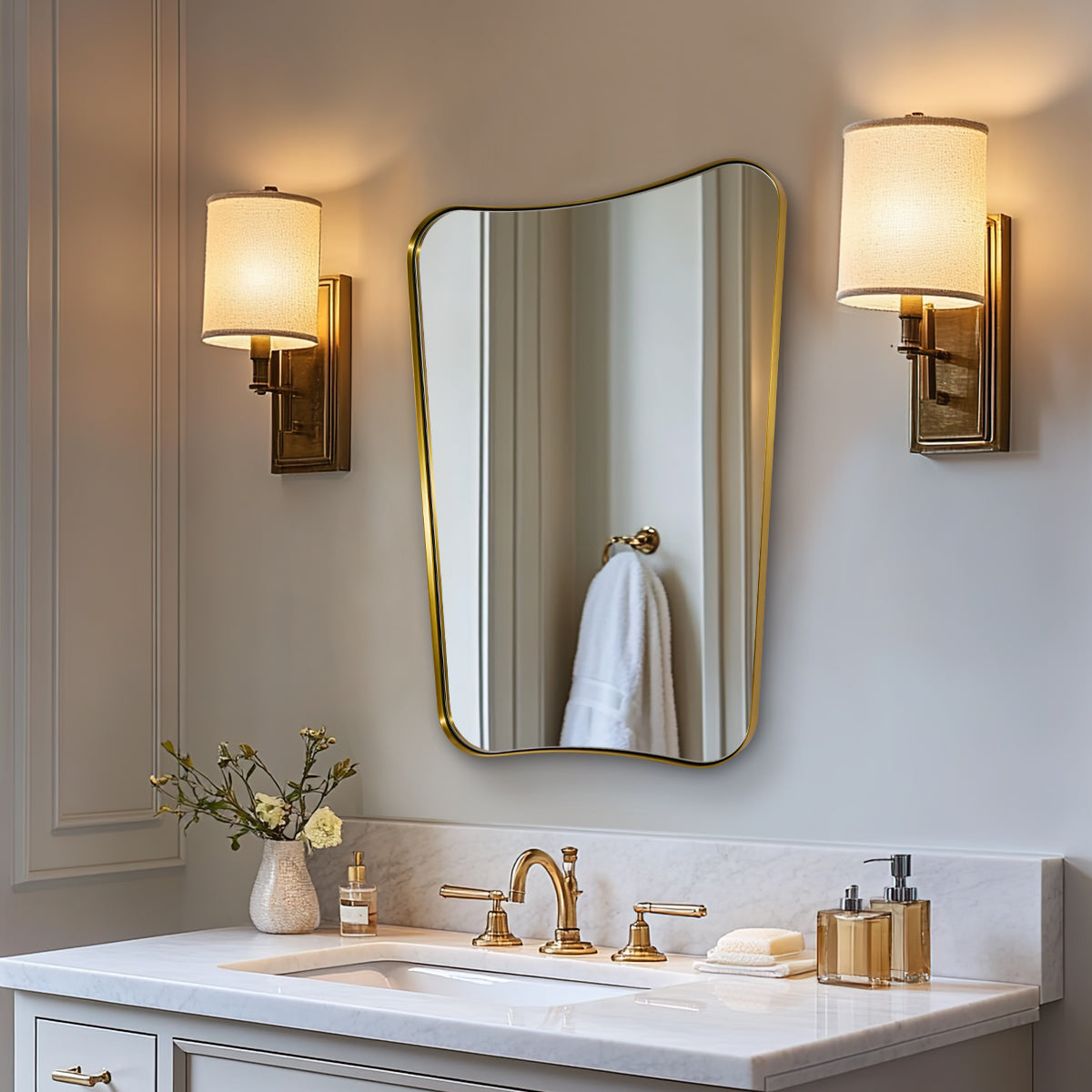 Antique Concave Top Rectangle Scalloped Decor Bathroom Mirror |Stainless Steel Frame
