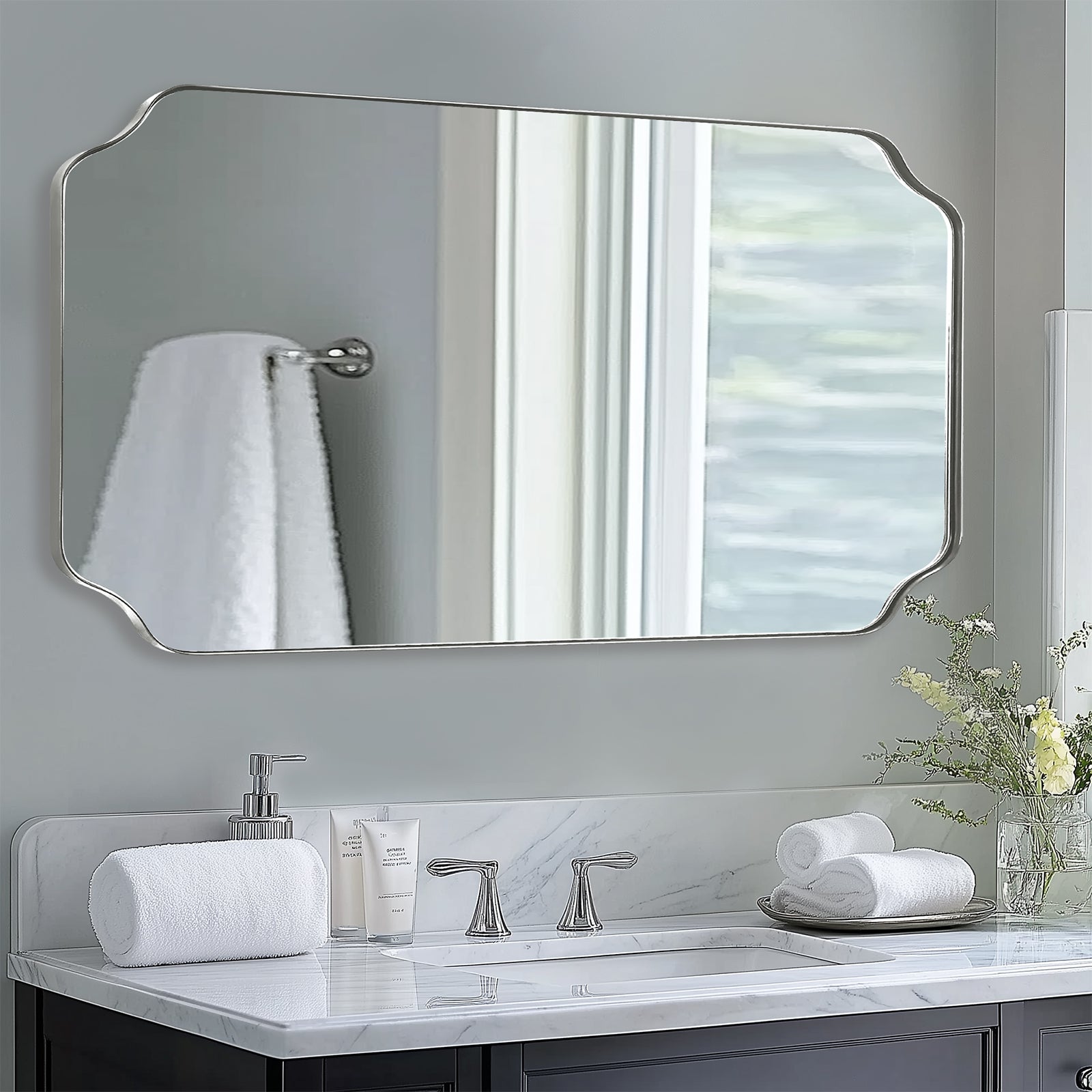 Contemporary Notched Corner Rectangle Scalloped Mirror for Wall /Bathroom | Stainless Steel Frame