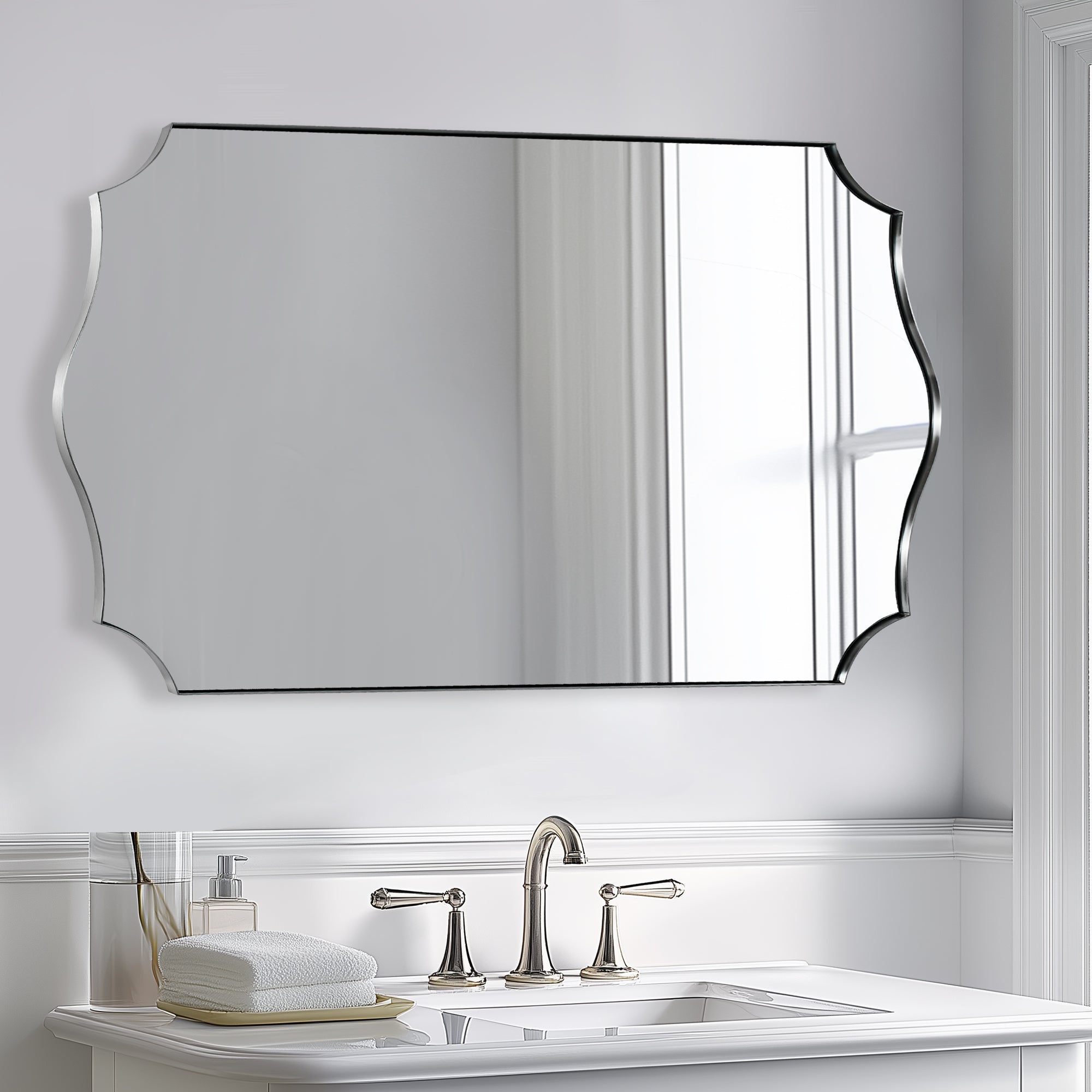 Traditional Rectangle Scalloped Wall Mirror for Bathroom | Stainless Steel Frame