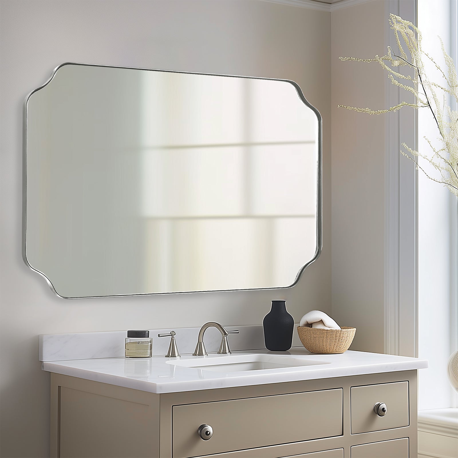 Contemporary Notched Corner Rectangle Scalloped Mirror for Wall /Bathroom | Stainless Steel Frame
