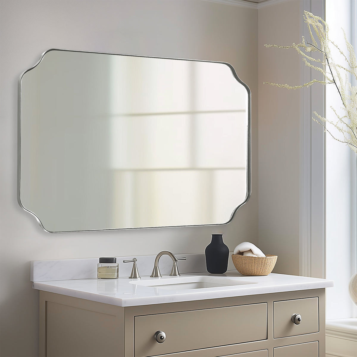 Modern Cut Corner Rectangle Scalloped Mirror for Wall /Bathroom | Stainless Steel Frame