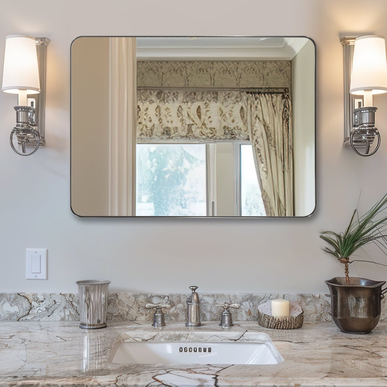 Open Box Like New : Modern Rounded Rectangle Mirror for Bathroom/ Vanity/ Wall | Stainless Steel Frame