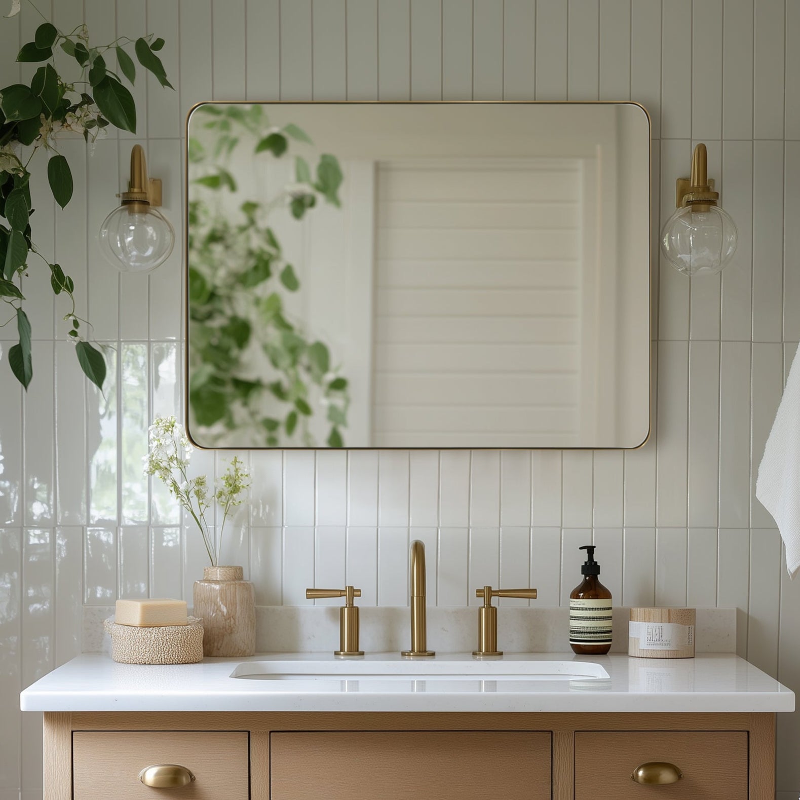 Open Box Like New : Modern Rounded Rectangle Mirror for Bathroom/ Vanity/ Wall | Stainless Steel Frame