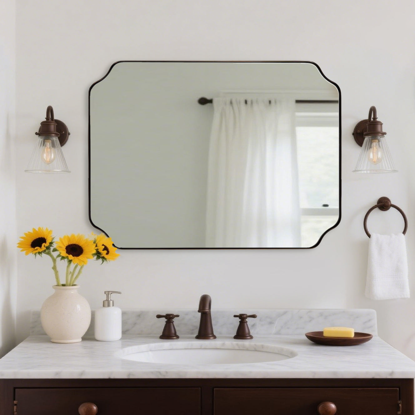 Contemporary Notched Corner Rectangle Scalloped Mirror for Wall /Bathroom | Stainless Steel Frame