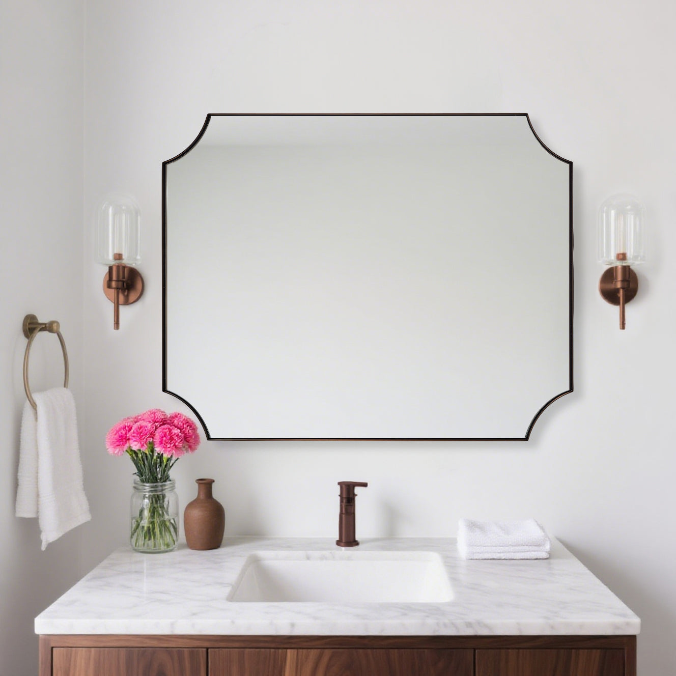 Contemporary Rounded Notched Corner Scalloped Rectangle Bathroom Vanity Mirror | Stainless Steel Frame