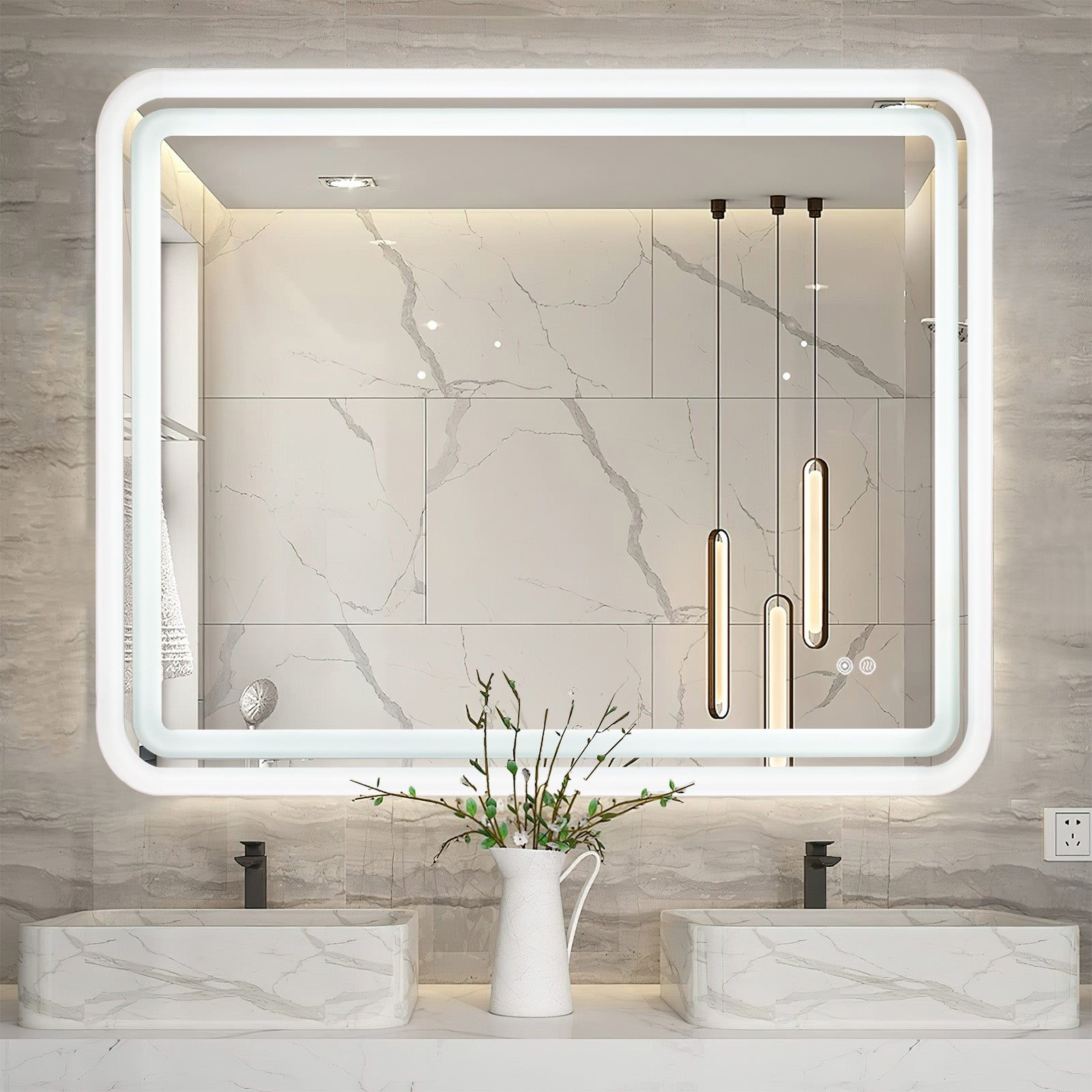 Moon Mirror White Framed LED Bathroom Mirror with Lights Anti