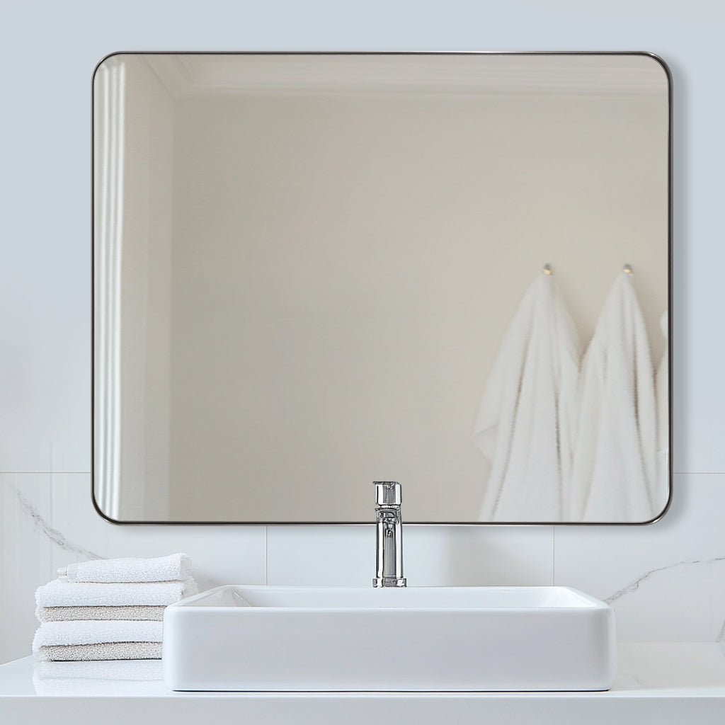 Open Box Like New : Modern Rounded Rectangle Mirror for Bathroom/ Vanity/ Wall | Stainless Steel Frame
