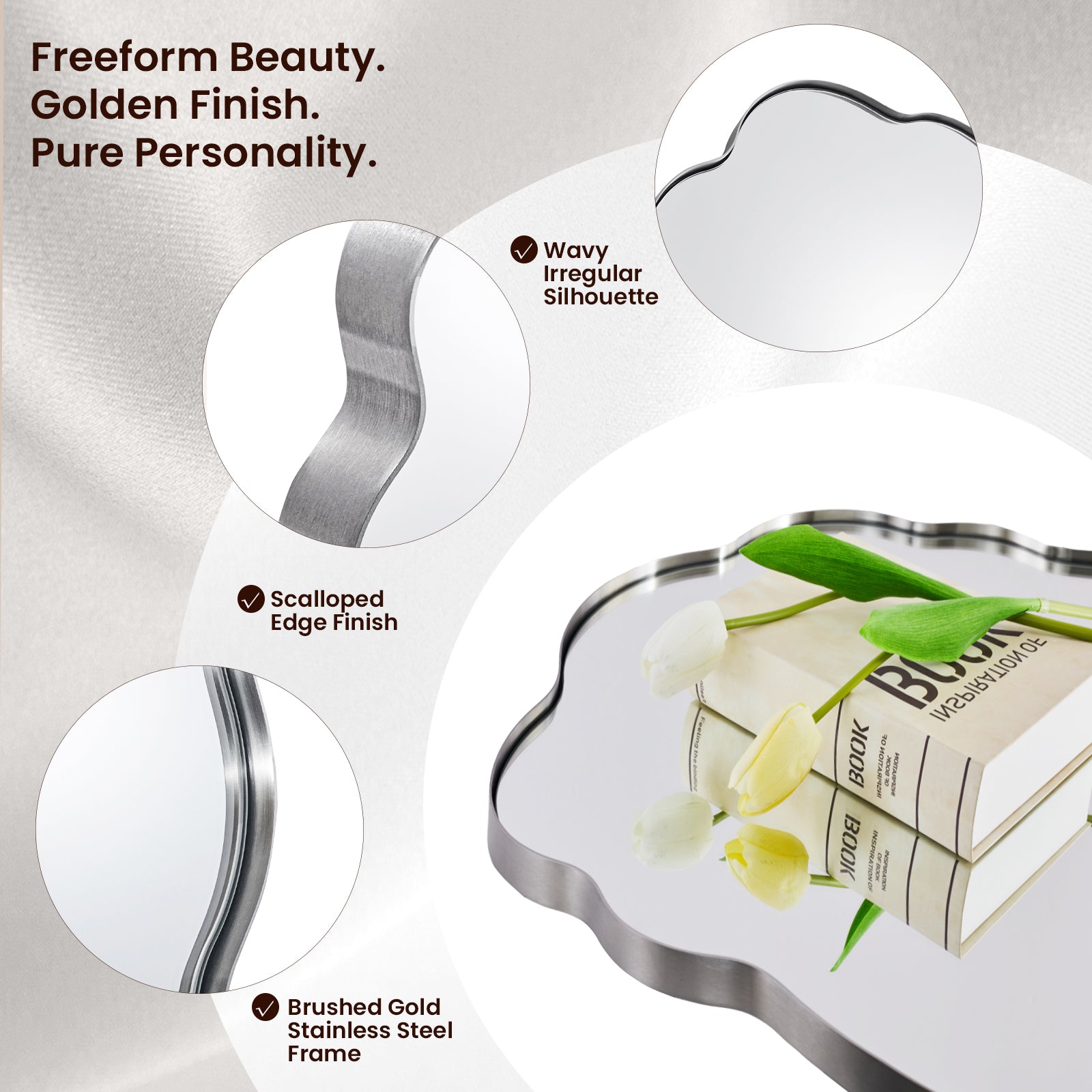 Contemporary Wavy Oval Scalloped Bathroom Vanity Mirror Irregular Decorative Mirror| Stainless Steel Framed