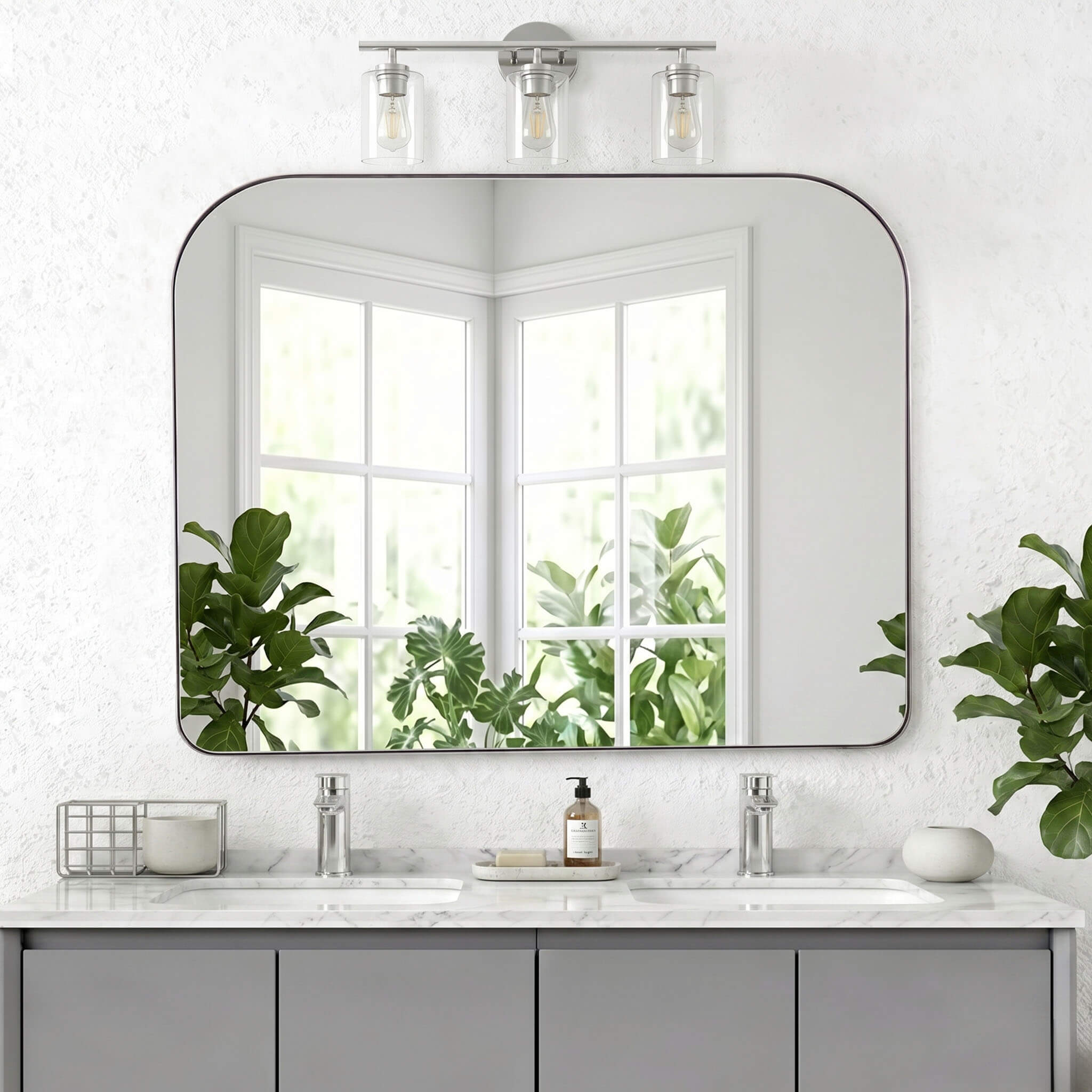 Modern Mantel Wide Arch Rectangle Bathroom Vanity Mirror | Stainless Steel Frame