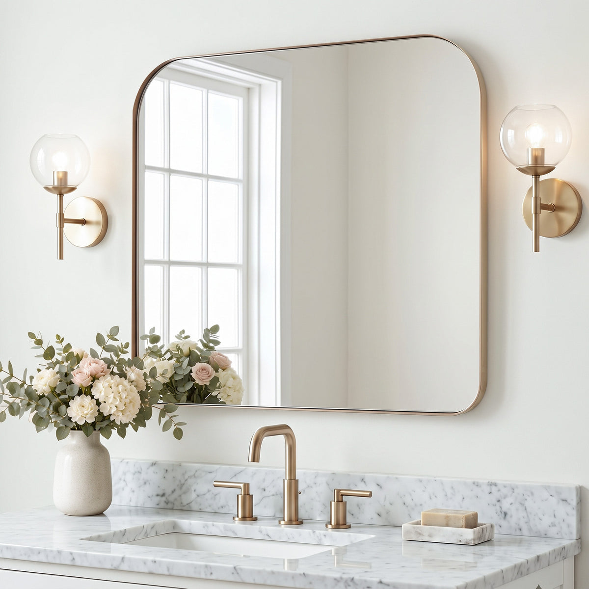 Modern Mantel Wide Arch Rectangle Bathroom Vanity Mirror | Stainless Steel Frame