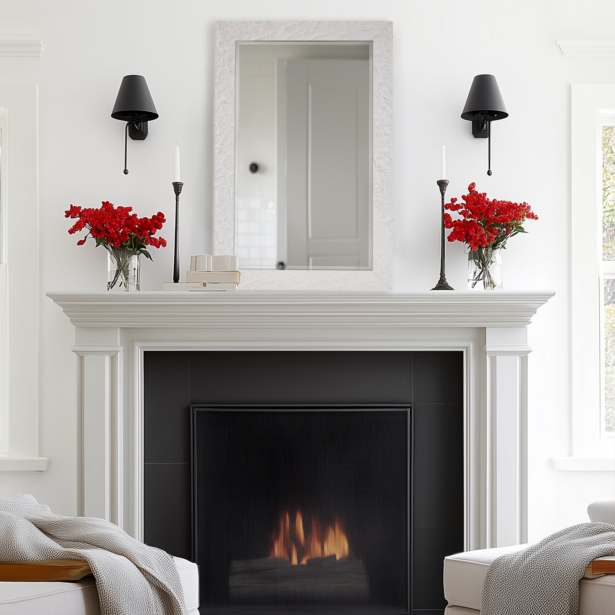Contemporary White Plaster Thick Framed Rectangle Bathroom Mirror Decorative Beveled Mirror