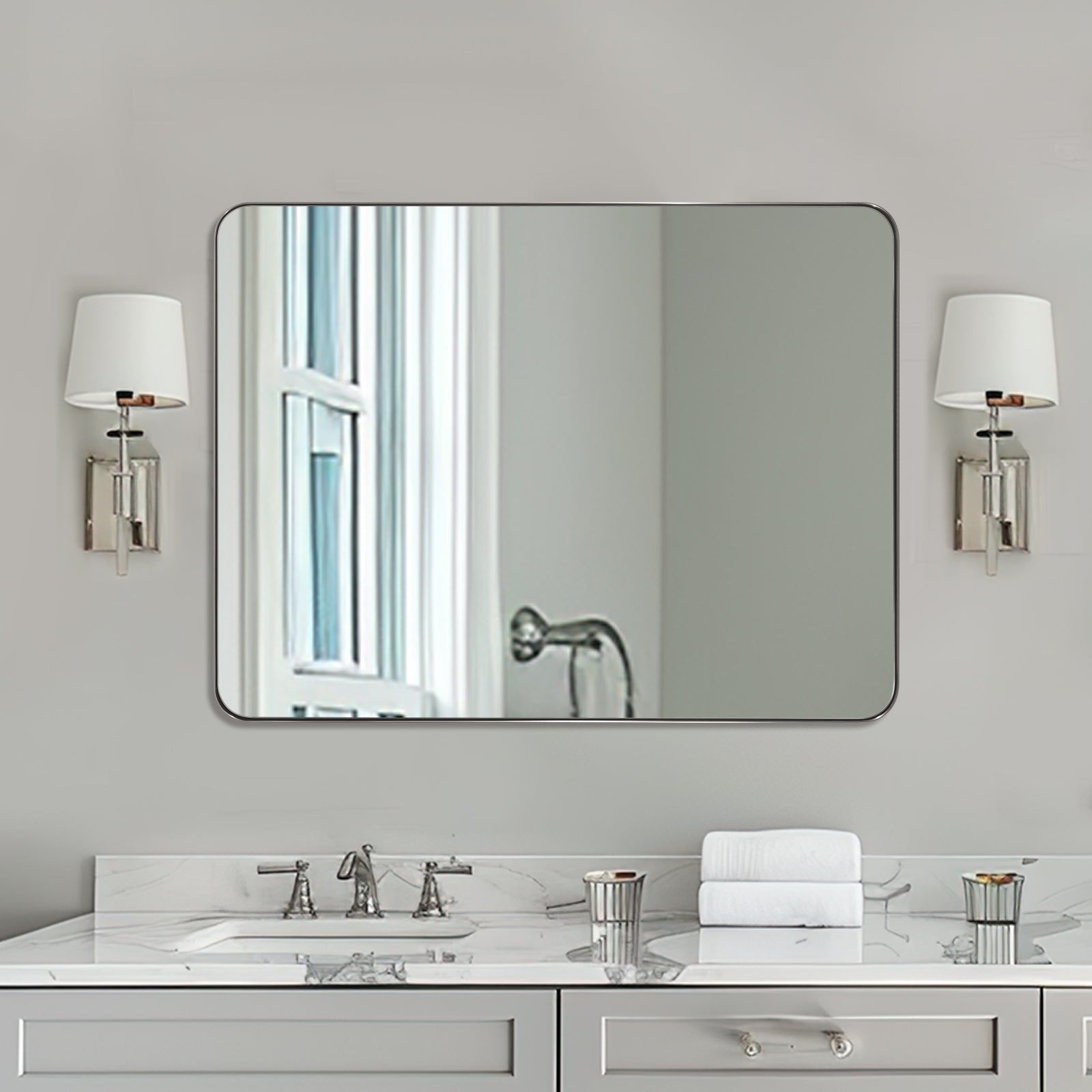 Open Box Like New : Modern Rounded Rectangle Mirror for Bathroom/ Vanity/ Wall | Stainless Steel Frame