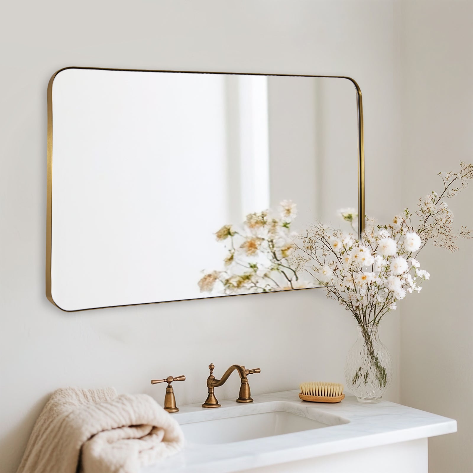Open Box Like New : Modern Rounded Rectangle Mirror for Bathroom/ Vanity/ Wall | Stainless Steel Frame