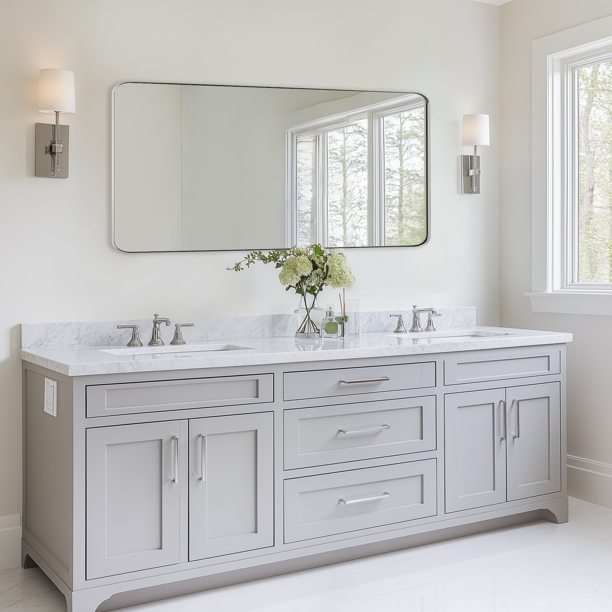 Modern Rounded Rectangle Mirror for Bathroom/ Vanity/ Wall | Stainless Steel Frame