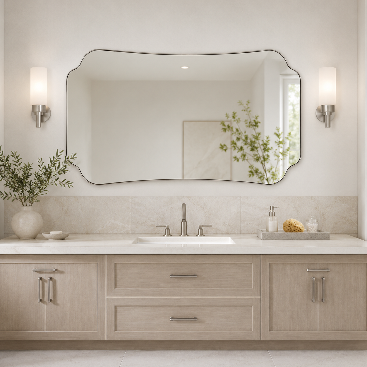 Contemporary Cut Corner Concave Edge Scalloped Bathroom Mirror | Stainless Steel Frame