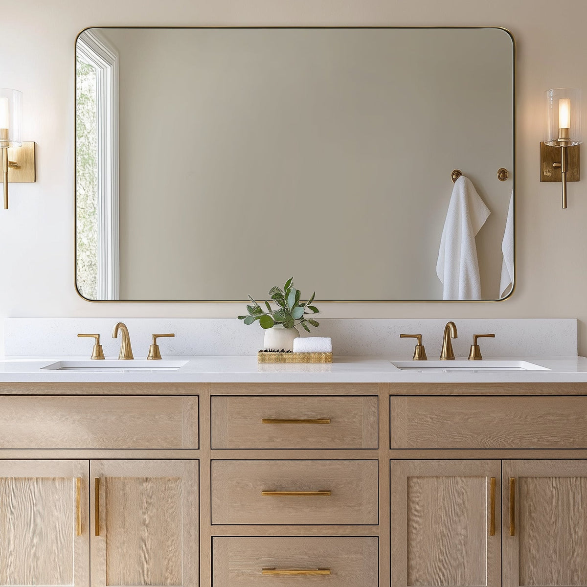 Open Box Like New : Modern Rounded Rectangle Mirror for Bathroom/ Vanity/ Wall | Stainless Steel Frame