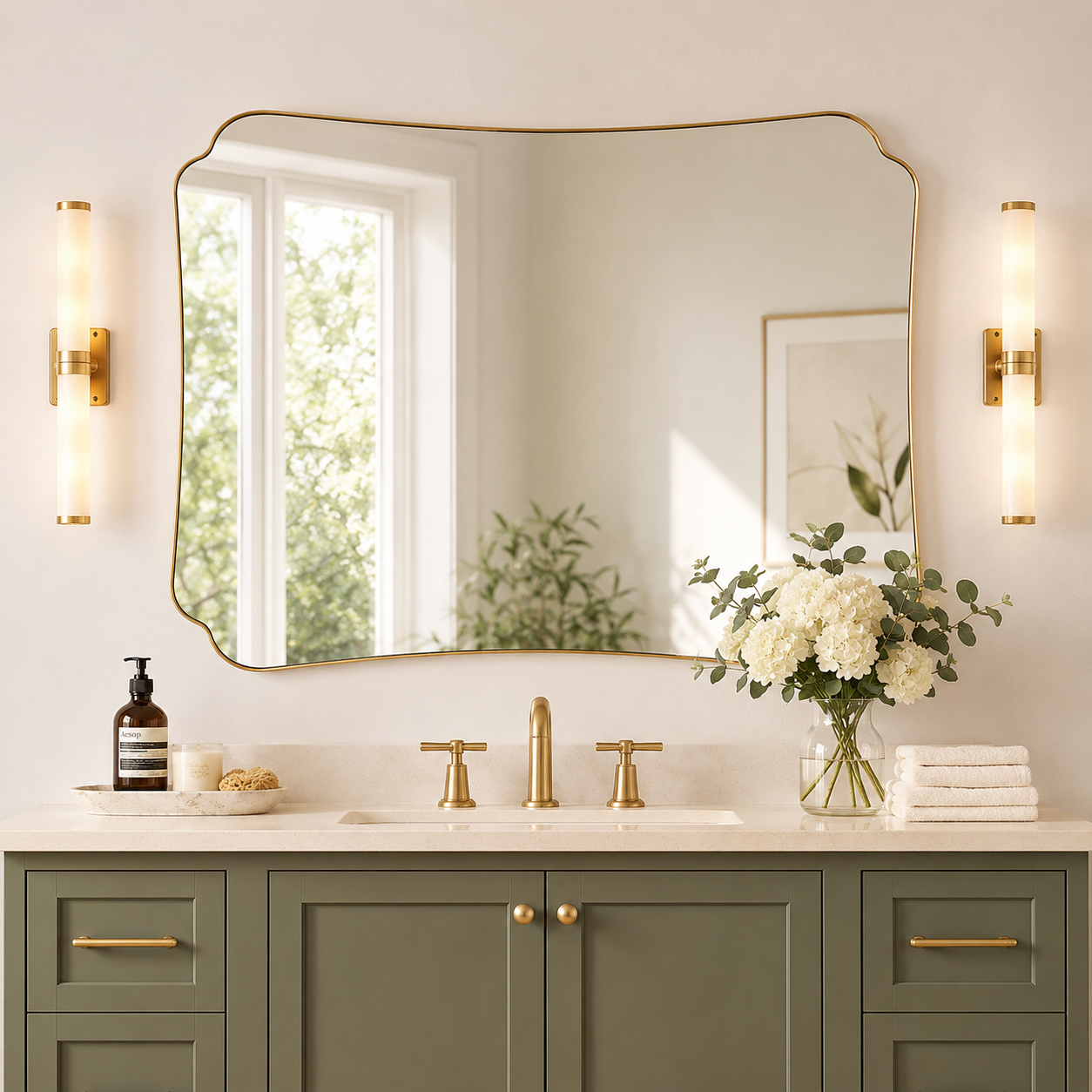 Contemporary Cut Corner Concave Edge Scalloped Bathroom Mirror | Stainless Steel Frame
