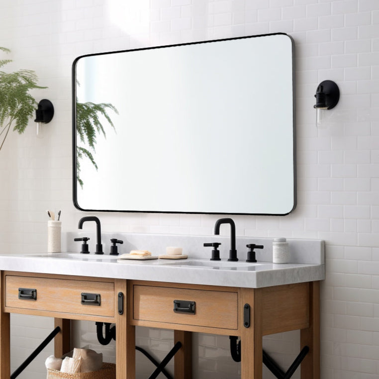 Open Box Like New : Modern Rounded Rectangle Mirror for Bathroom/ Vanity/ Wall | Stainless Steel Frame