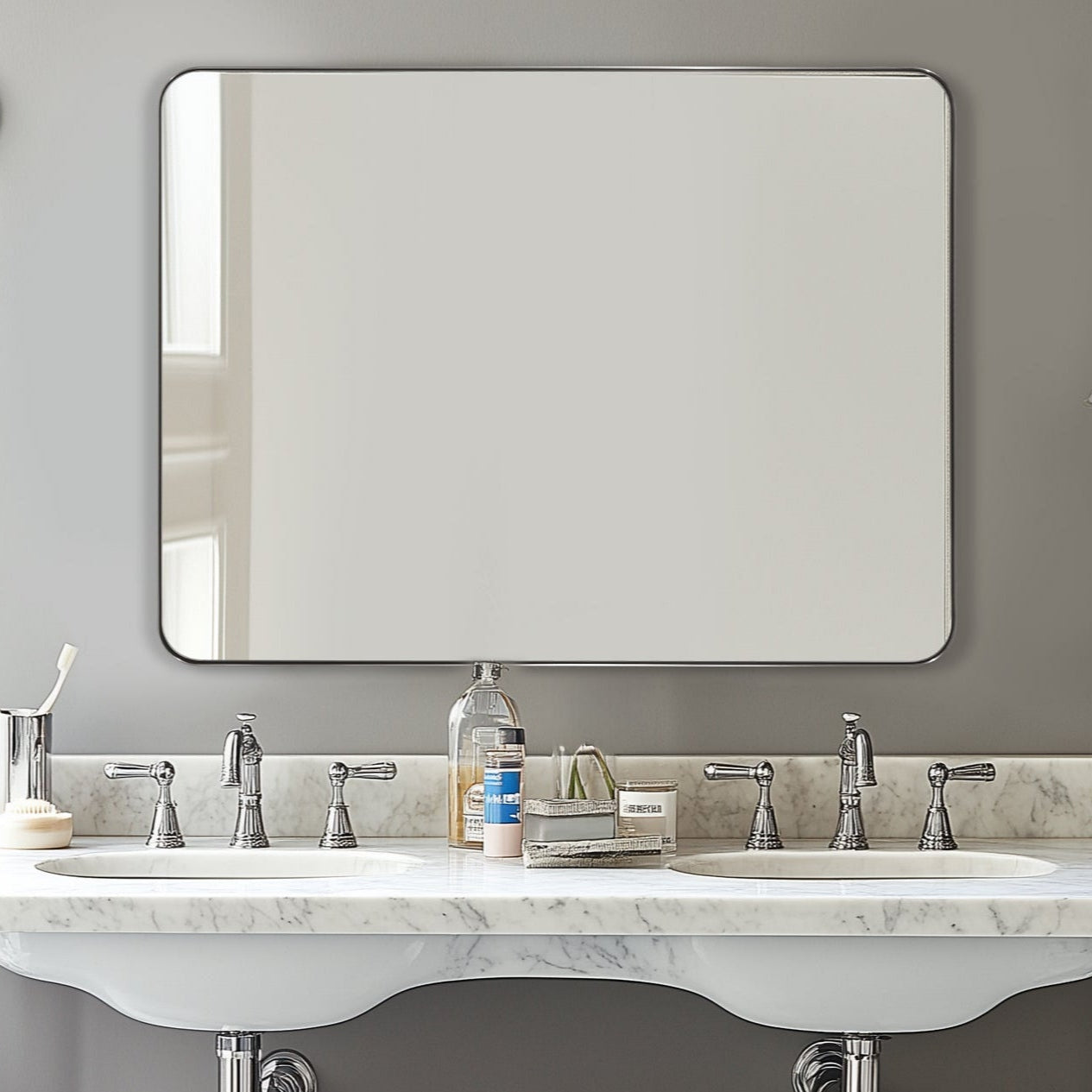 Modern Rounded Rectangle Mirror for Bathroom/ Vanity/ Wall | Stainless Steel Frame