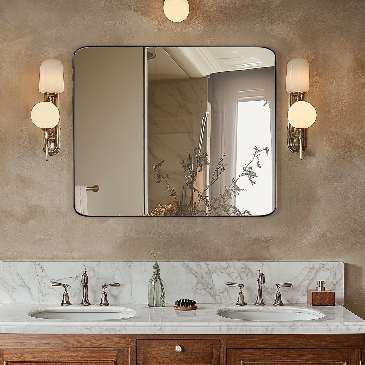 Open Box Like New : Modern Rounded Rectangle Mirror for Bathroom/ Vanity/ Wall | Stainless Steel Frame