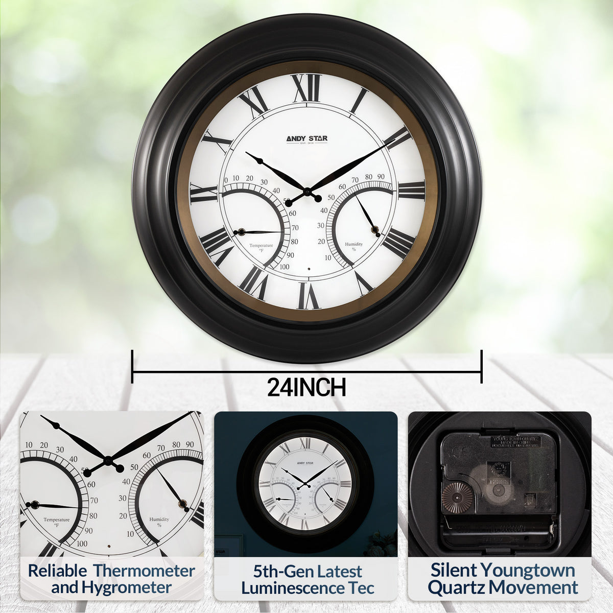 24 Inch Black Waterproof Large Outdoor Wall Clock with Thermometer