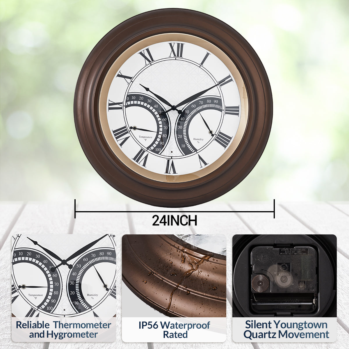 24 Inch Outdoor Wall Clock Large Waterproof Illuminated Clock with Thermometer,Geometric Dial