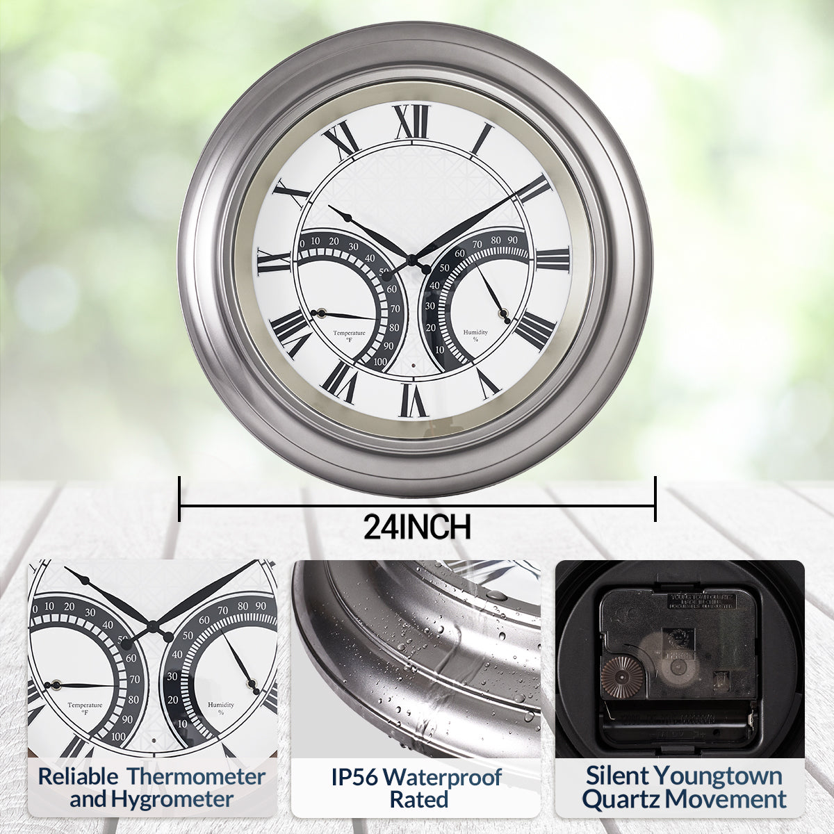 24 Inch Outdoor Wall Clock Large Waterproof Illuminated Clock with Thermometer,Geometric Dial
