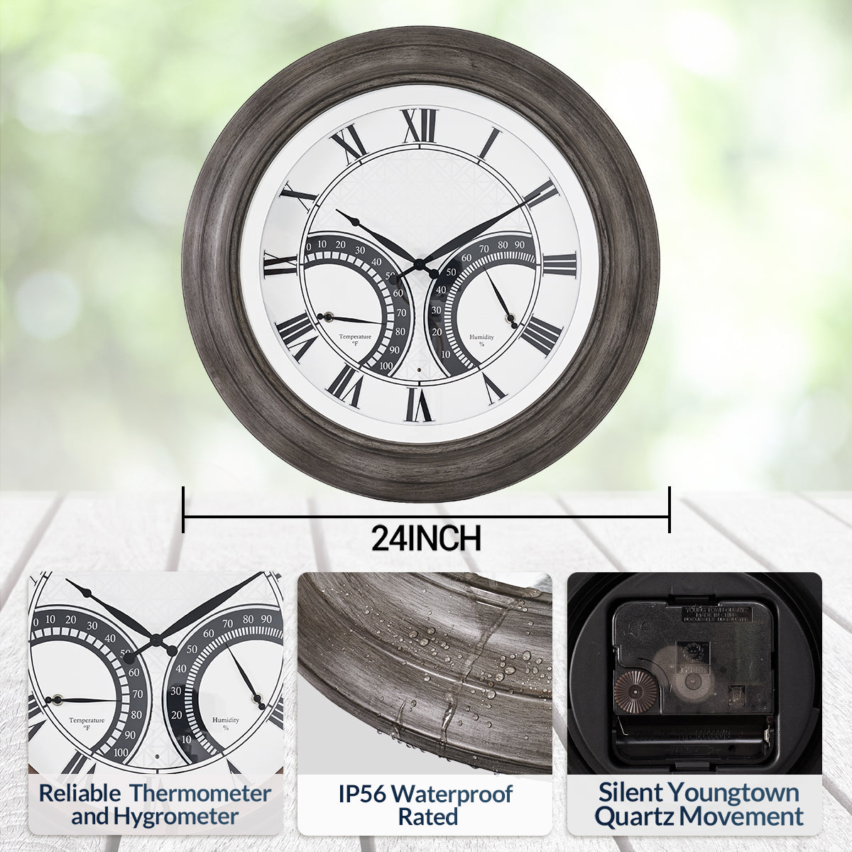 24 Inch Outdoor Wall Clock Large Waterproof Illuminated Clock with Thermometer,Geometric Dial