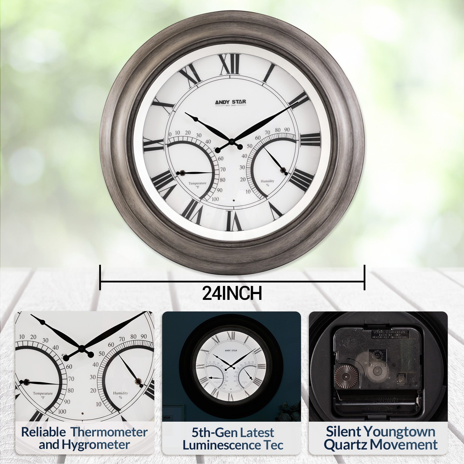 Oak Large Outdoor Wall Clock with Thermometer Waterproof Illuminated,24 Inch