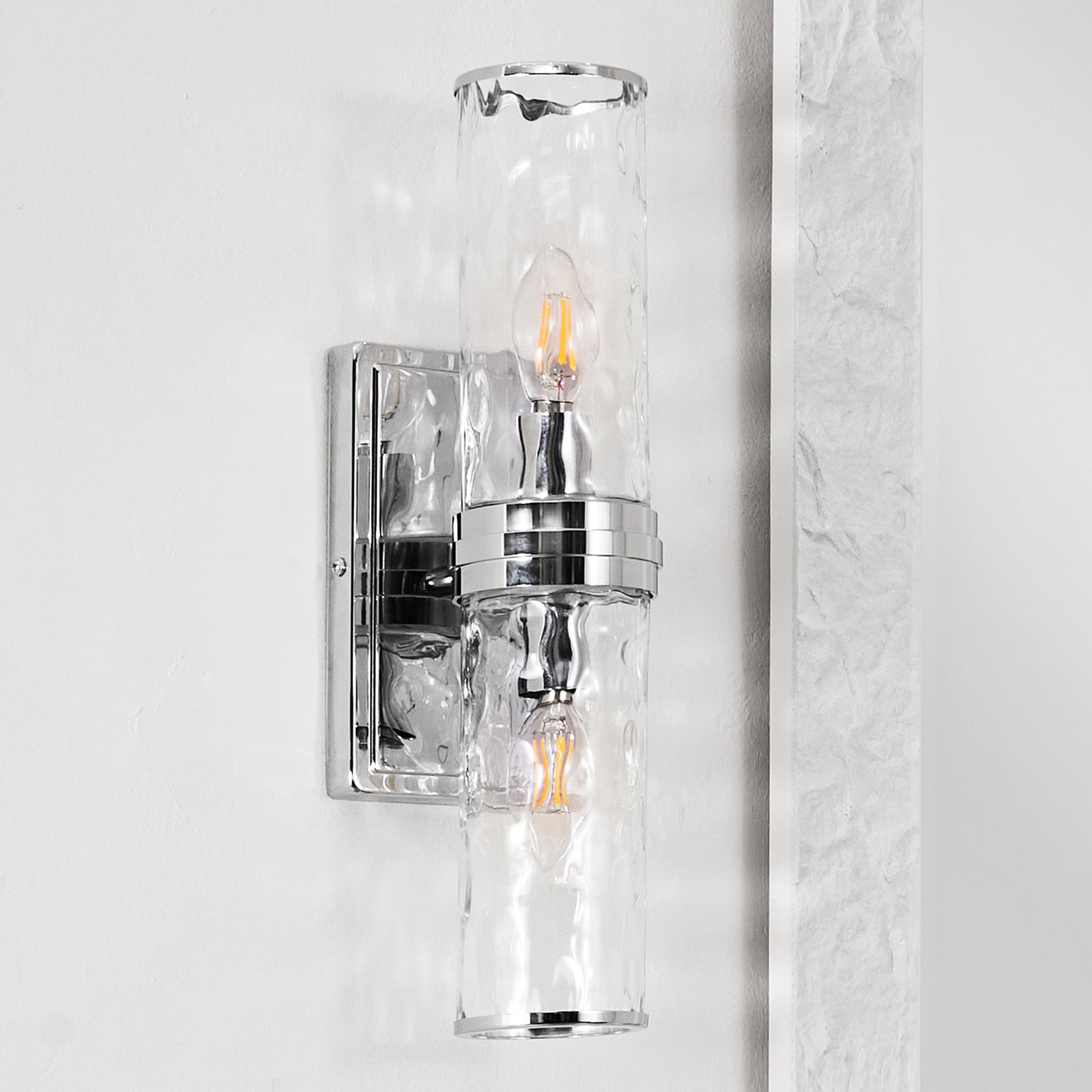 Elegant Hammer Glass Double-Cylinder Shade Wall Sconce Bathroom Light Fixture