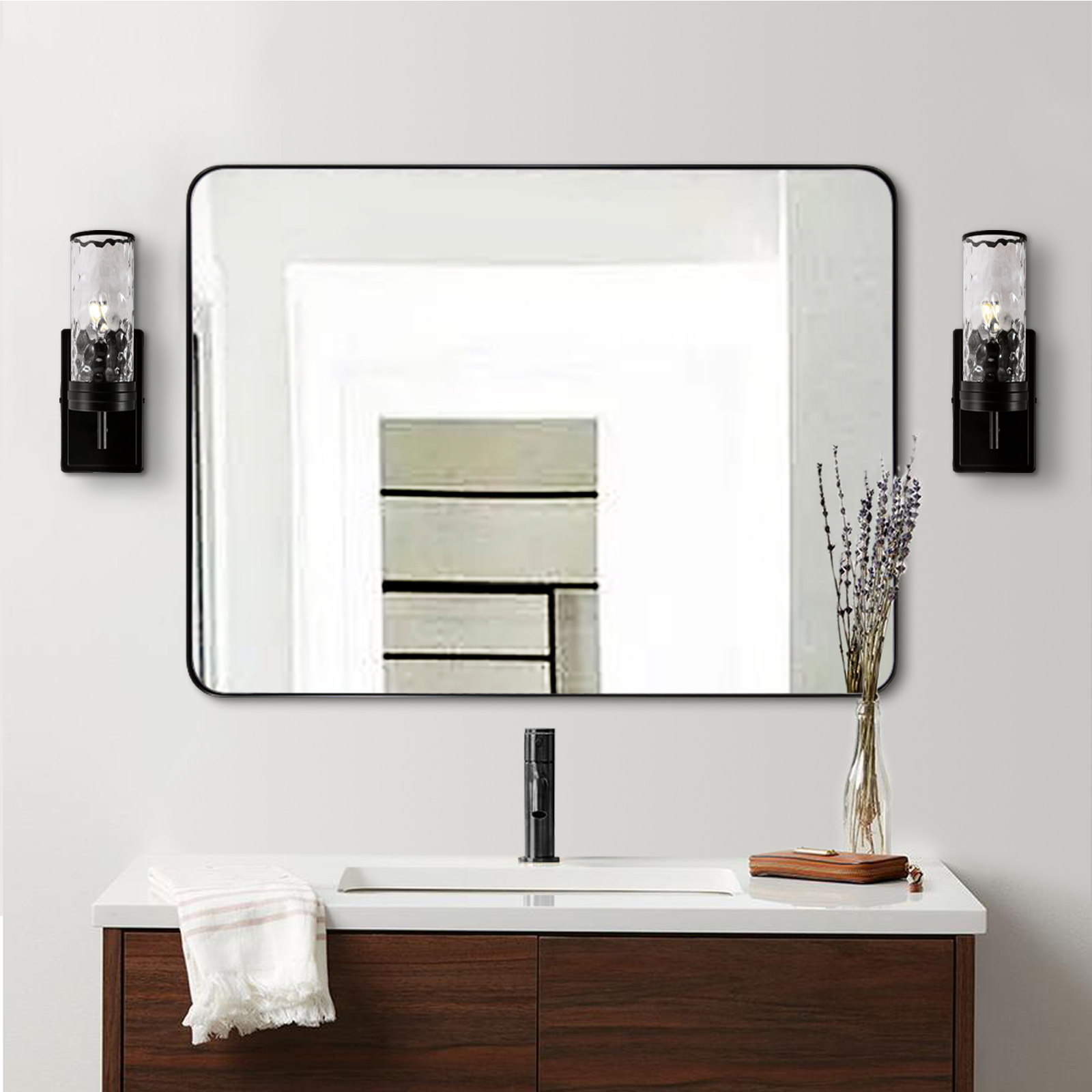 Open Box Like New : Modern Rounded Rectangle Mirror for Bathroom/ Vanity/ Wall | Stainless Steel Frame