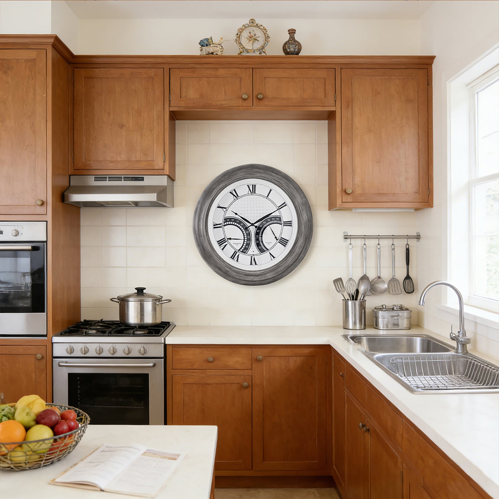 24 Inch Outdoor Wall Clock Large Waterproof Illuminated Clock with Thermometer,Square Grid Dial