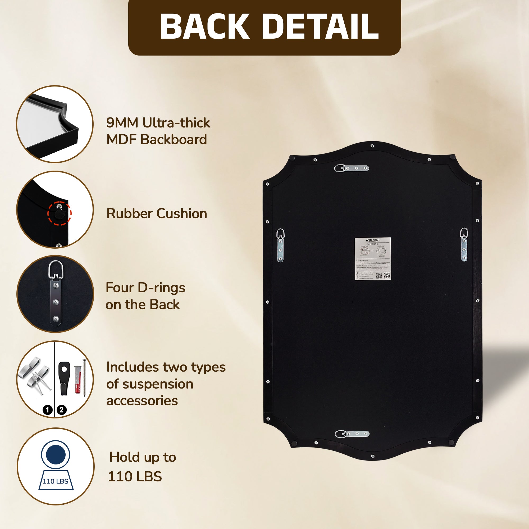 Traditional Rectangle Scalloped Wall Mirror for Bathroom | Stainless Steel Frame