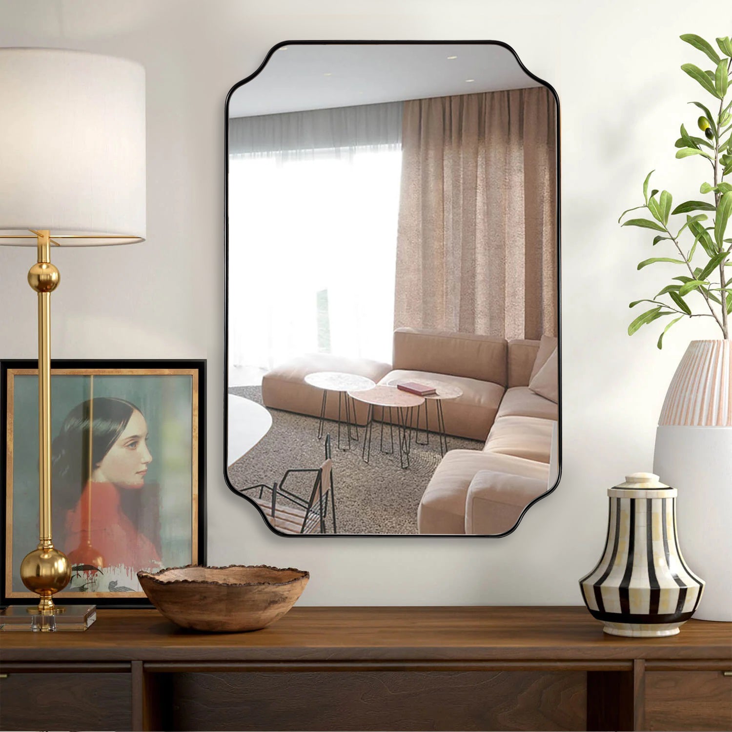 Open Box Like New:Notched Corner Irregular Scalloped Rectangle Mirrors | Stainless Steel Frame