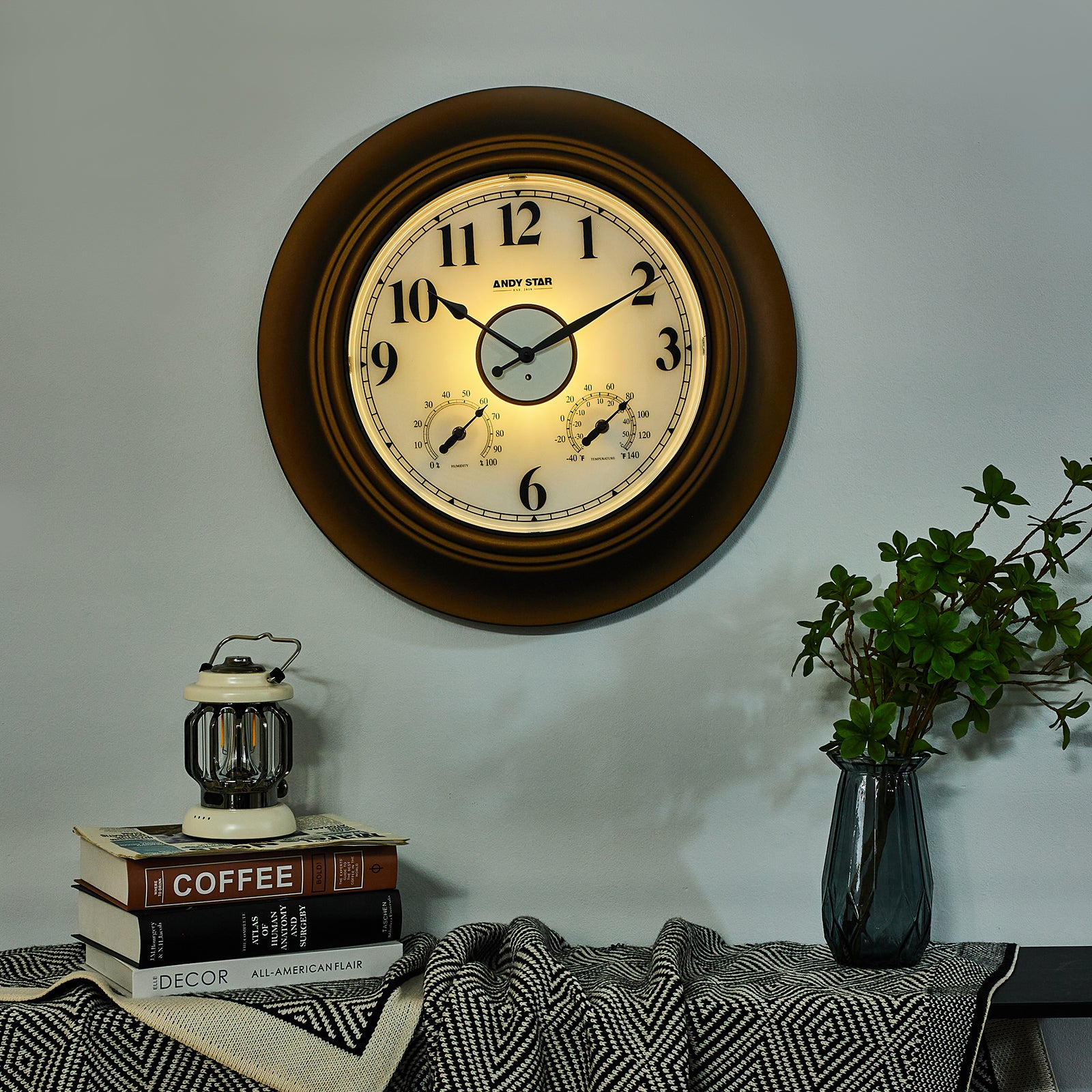 21 inch Bronze Waterproof Bathroom Wall Clock Illuminated Outdoor Clock with Thermometer