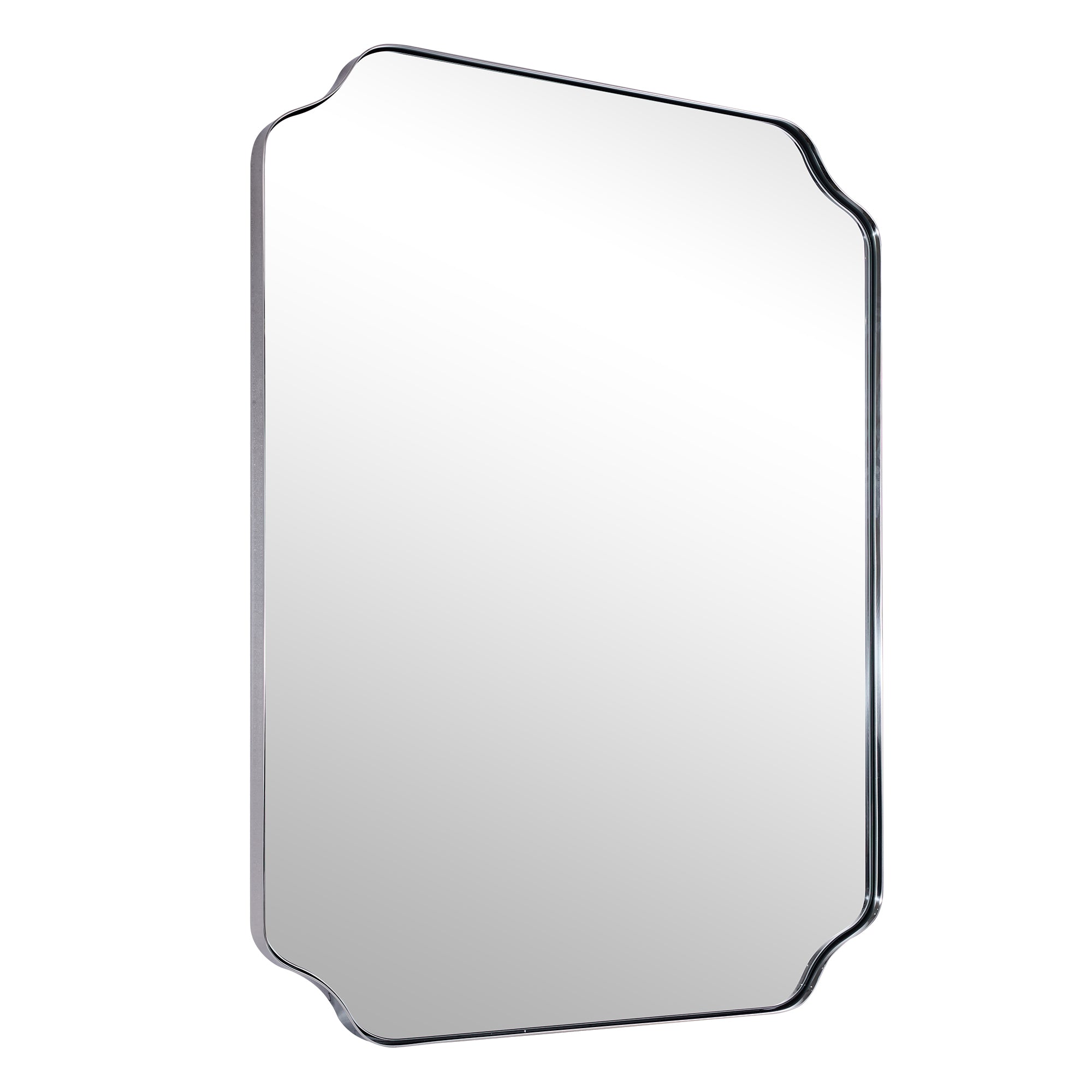 Contemporary Notched Corner Rectangle Scalloped Mirror for Wall /Bathroom | Stainless Steel Frame