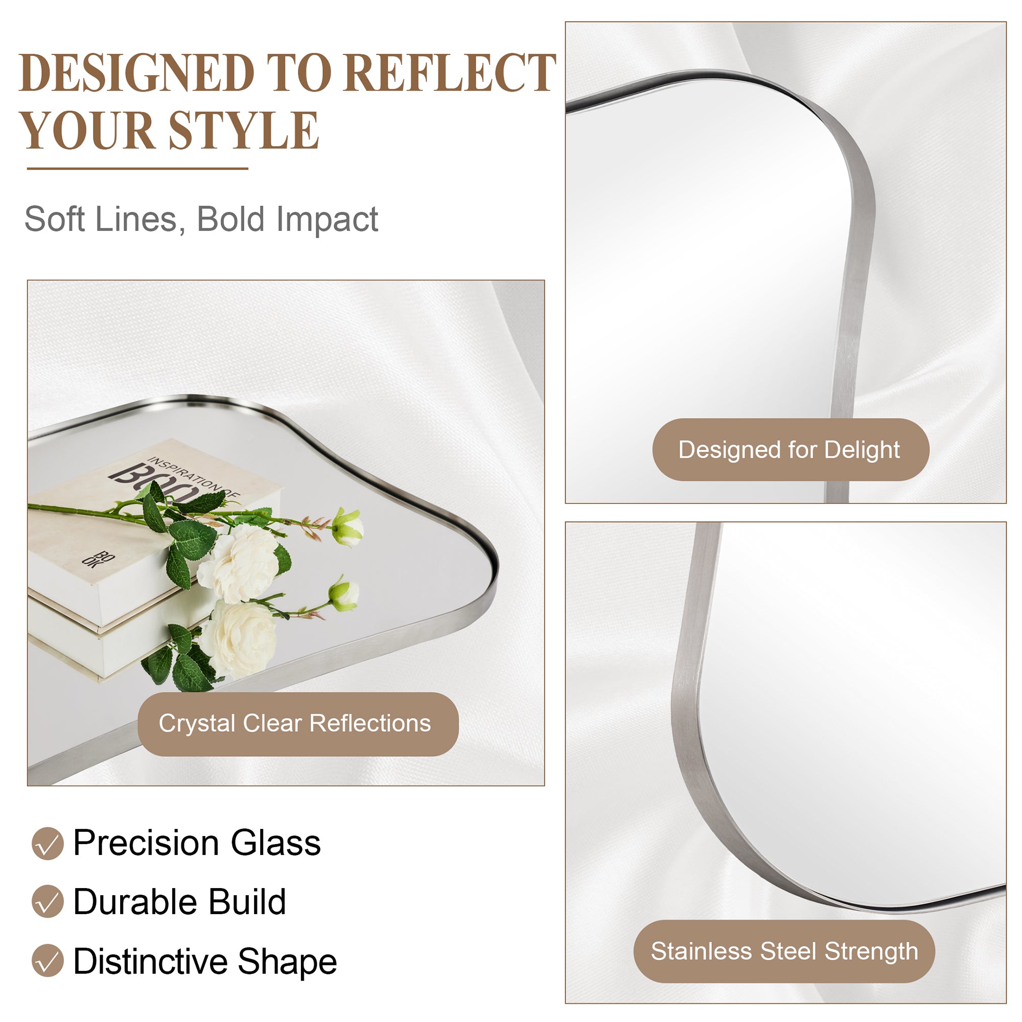 Contemporary Dual Concave Edge Rouded Scalloped Rectangle Wall Mirror | Stainless Steel Frame