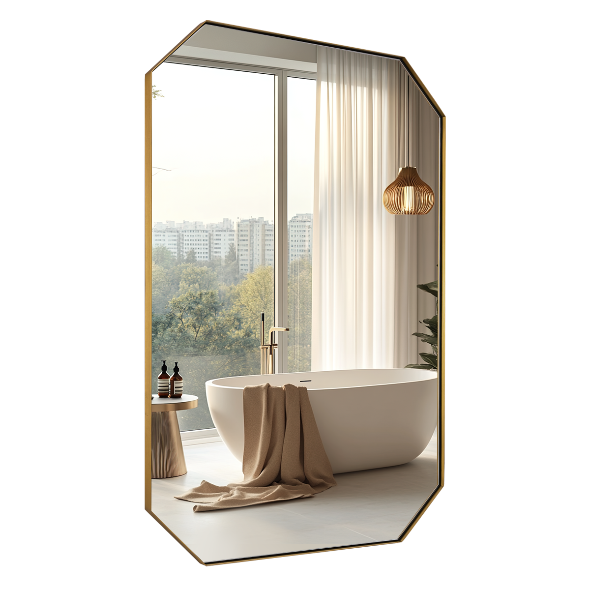 Contemporary Cut Corner Octagonal Scalloped Rectangle Mirror for Bathroom  |Stainless Steel Frame