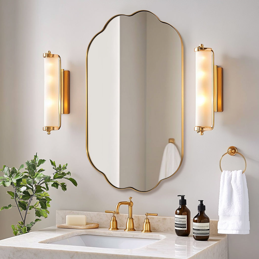 Contemporary Pill Shaped Long Oval Scalloped Bathroom Vanity Wall Mirror| Stainless Steel Framed