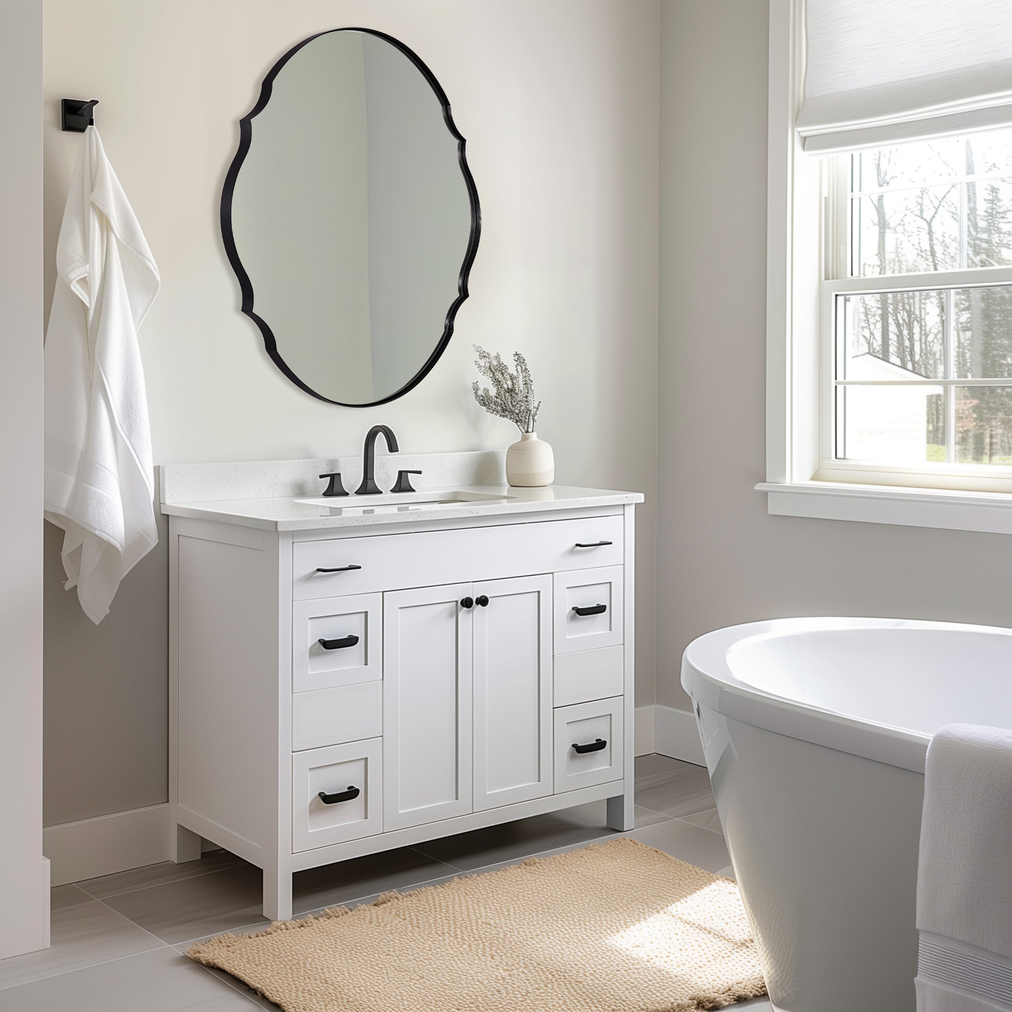 Contemporary Oval Scalloped Wall Mirror Irregular Bathroom Vanity Mirror| Stainless Steel Frame