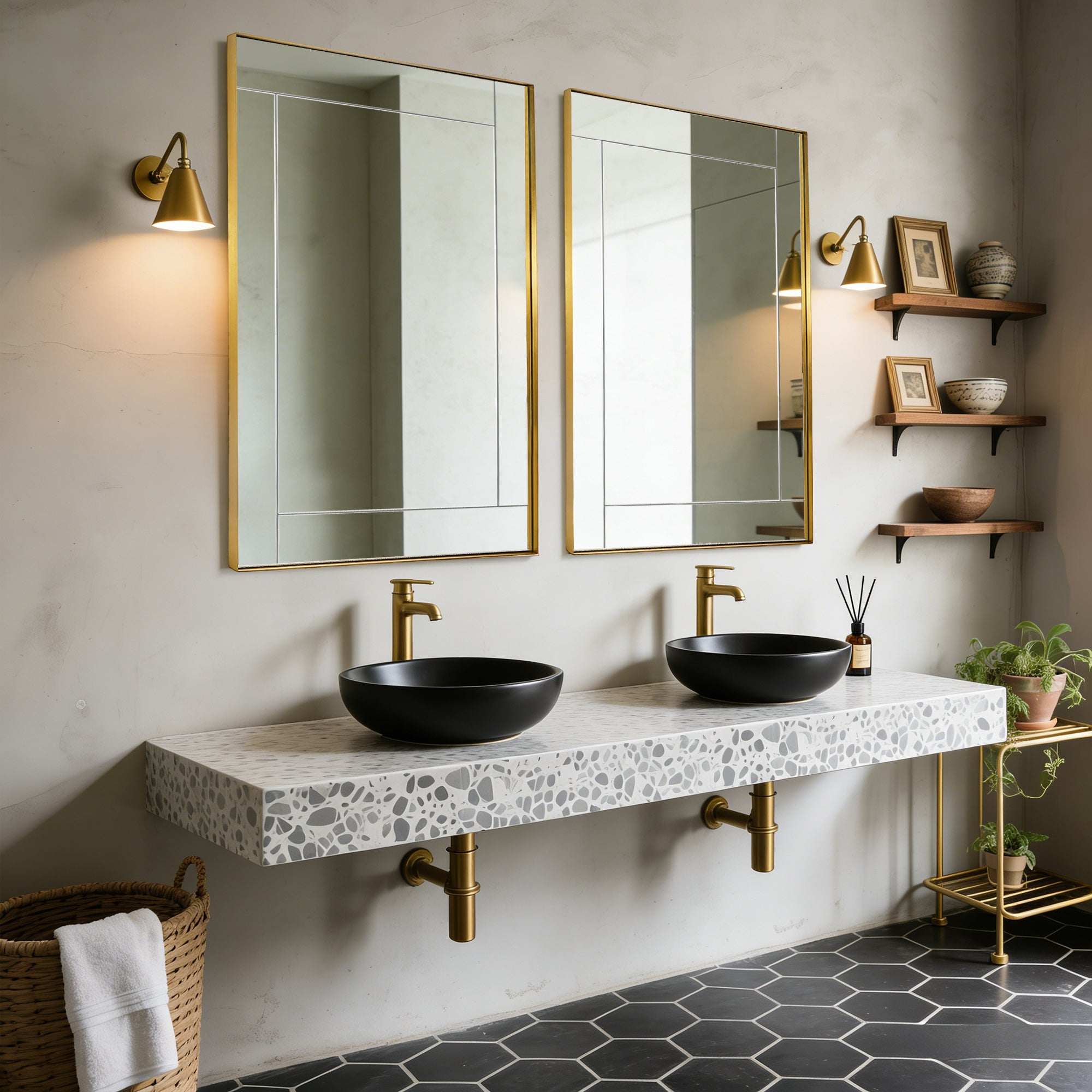 Contemporary Geometric Glass Tile Rectangular Bathroom Vanity Mirror | Stainless Steel Frame