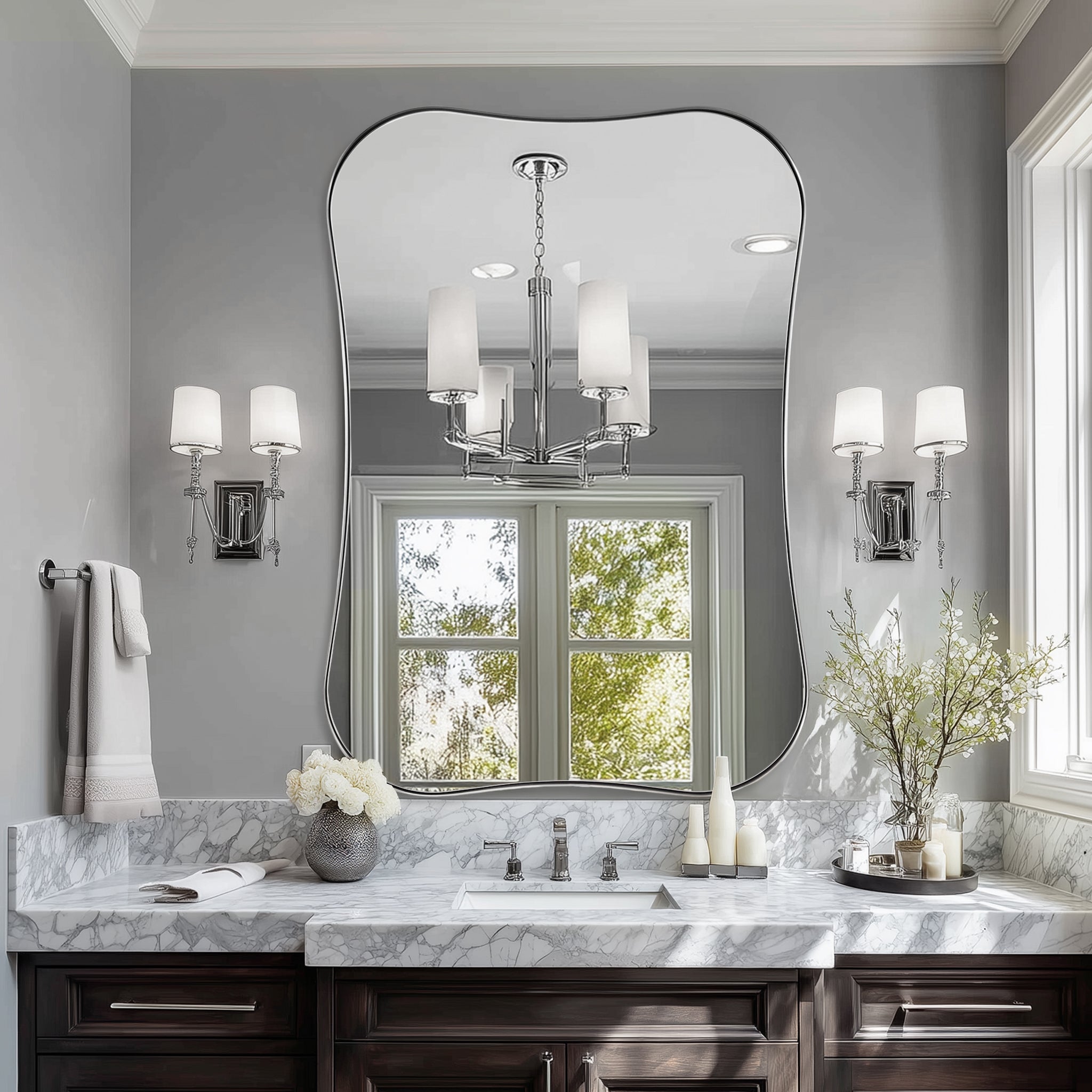 Contemporary Dual Concave Edge Rouded Scalloped Rectangle Wall Mirror | Stainless Steel Frame