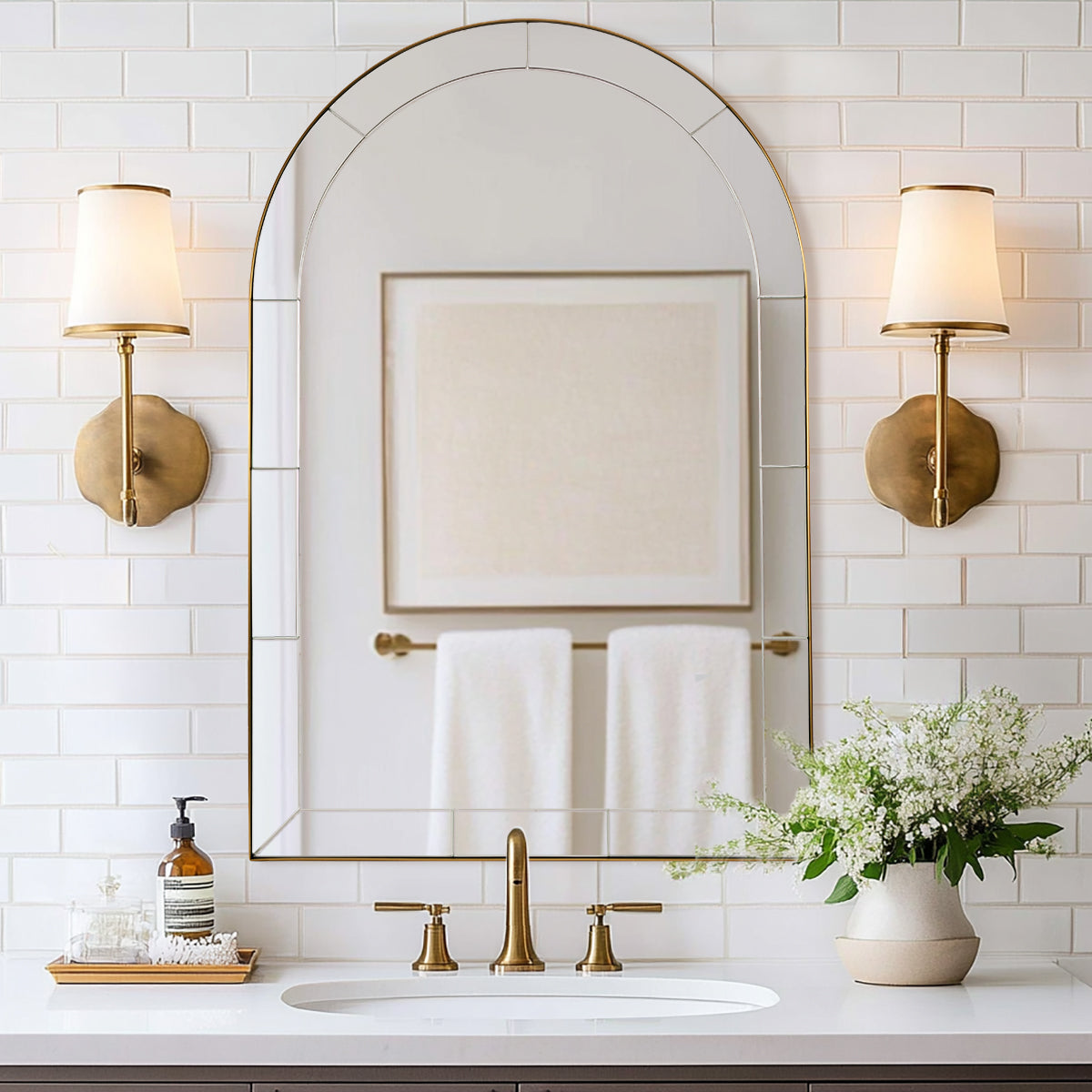 Glass Tile Edge Arched Mirror Bathroom Vanity Mirror | Stainless Steel Frame