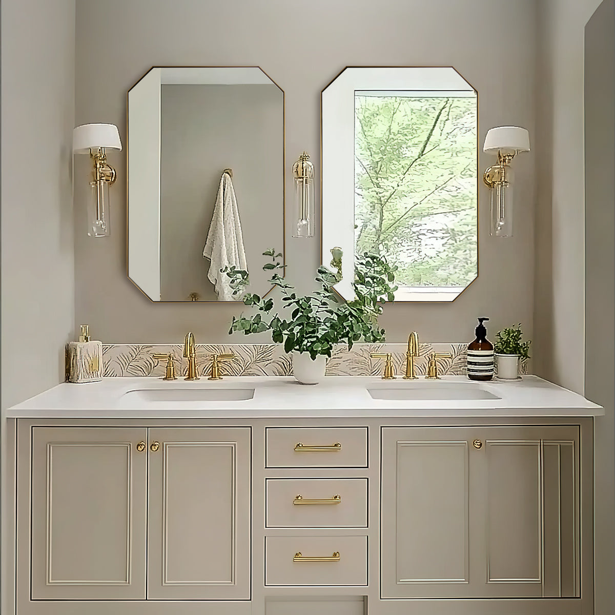 Contemporary Cut Corner Octagonal Scalloped Rectangle Mirror for Bathroom  |Stainless Steel Frame