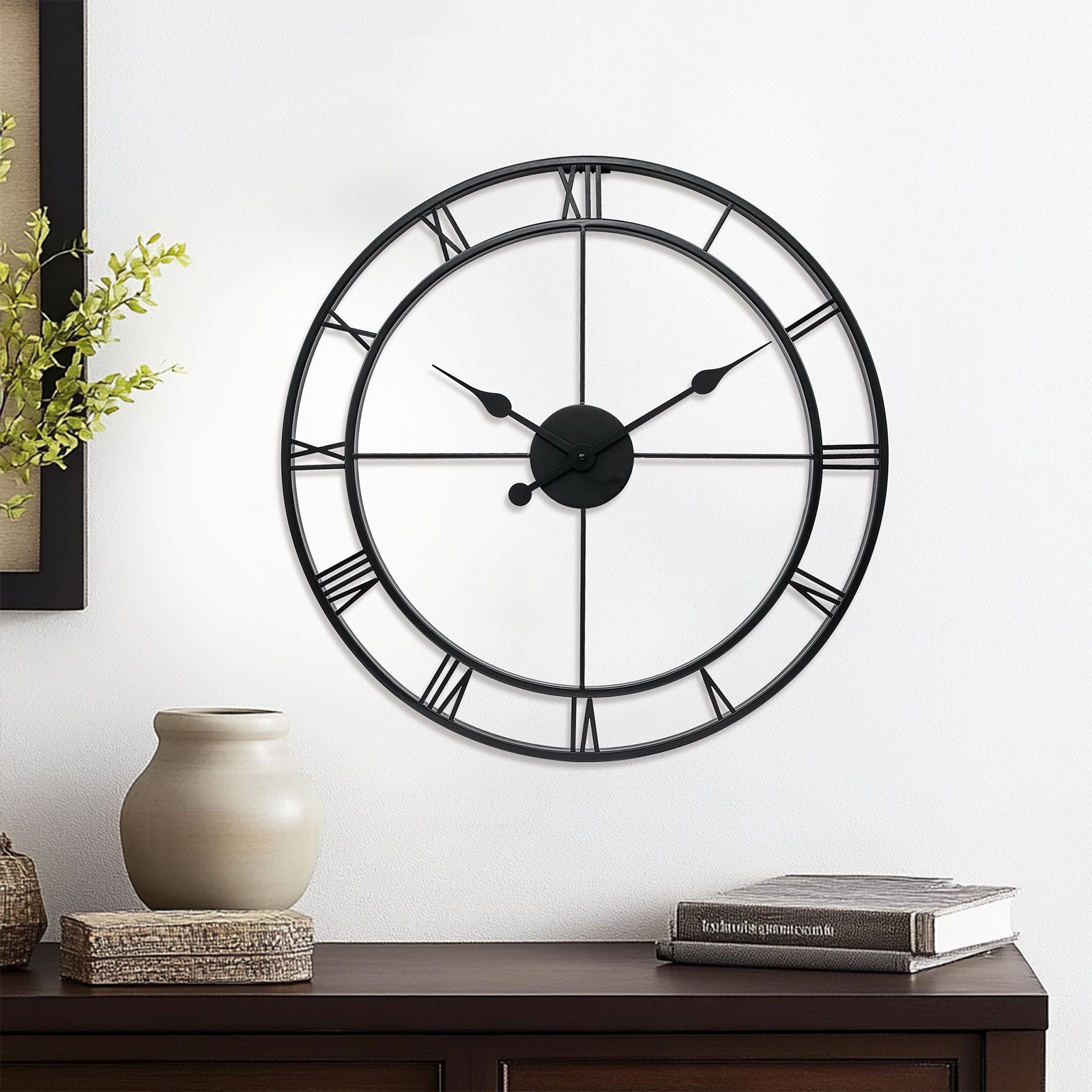 Retro Large Stainless Steel Round Hollow Metal Wall Clock Roman Numerals