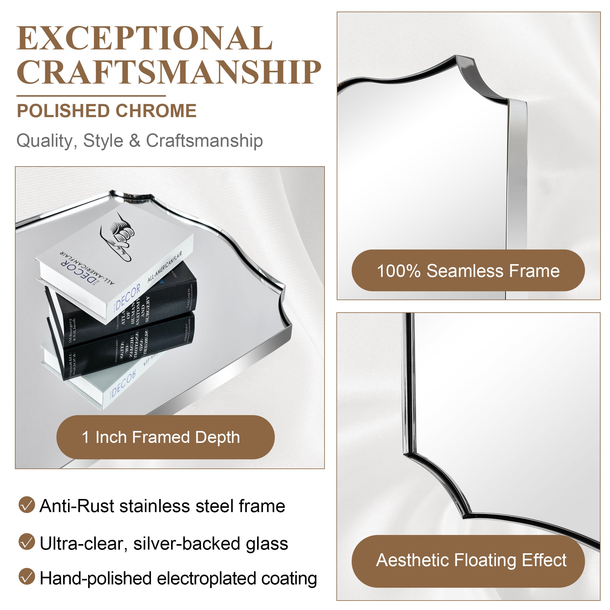 Traditional Rectangle Scalloped Wall Mirror for Bathroom | Stainless Steel Frame