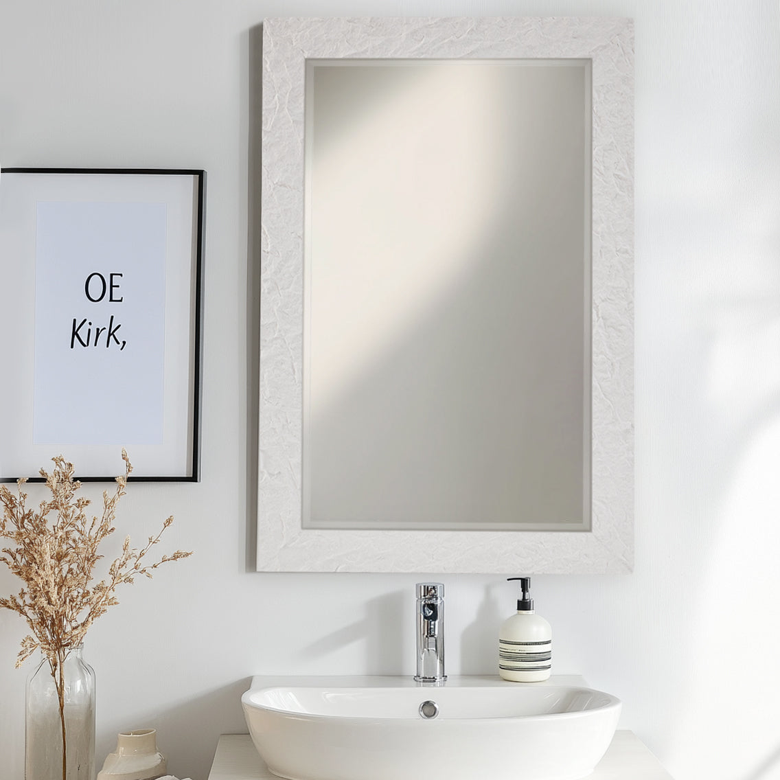 Contemporary White Plaster Thick Framed Rectangle Bathroom Mirror Decorative Beveled Mirror