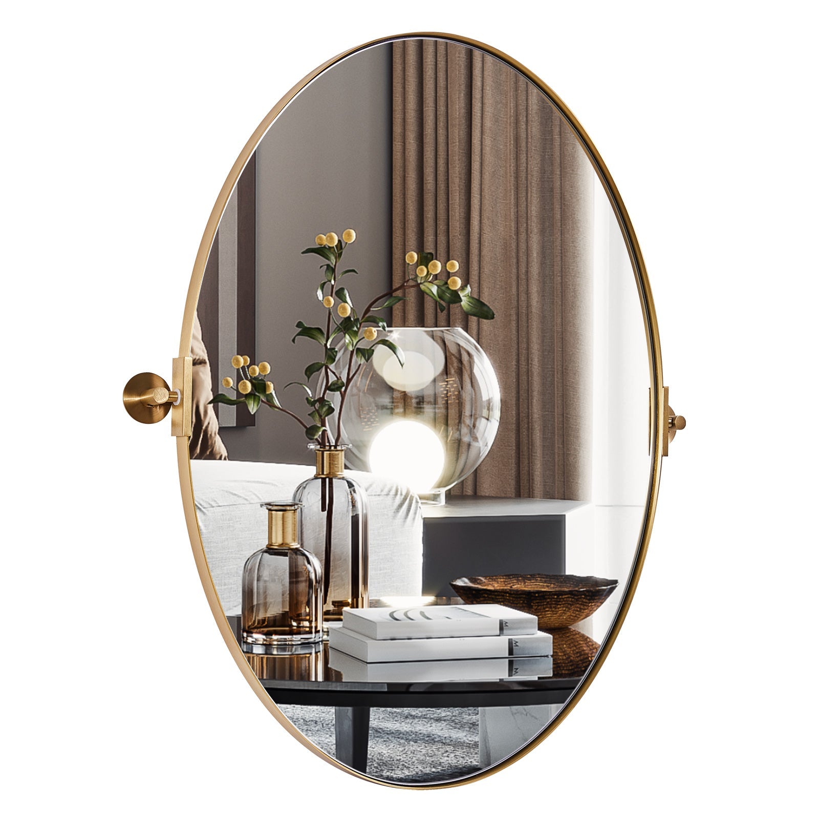 Oval Pivot Mirrors Adjustable Tilting Angle Floating Bathroom Mirror| Stainless Steel Framed