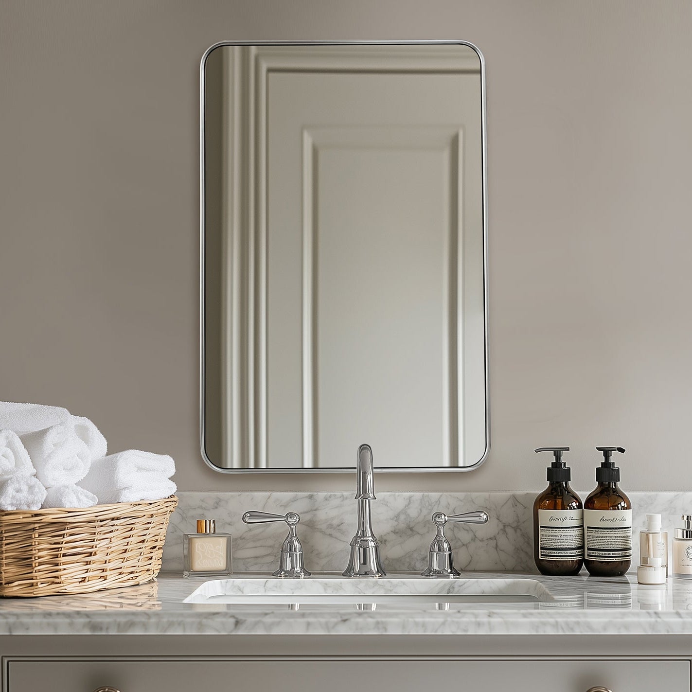 Contemporary Rounded Rectangular Bathroom Mirrors| Stainless Steel Thick Frame