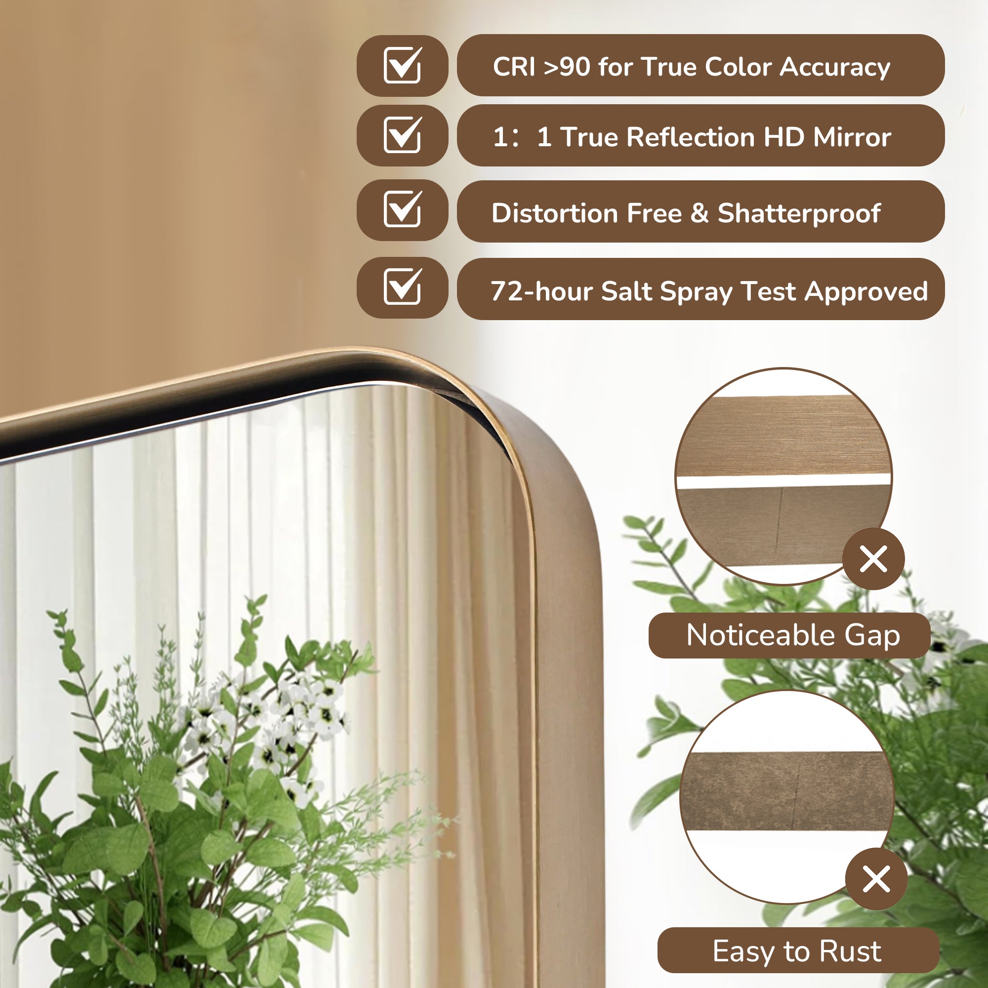 Modern Rounded Rectangle Mirror for Bathroom/ Vanity/ Wall | Stainless Steel Frame